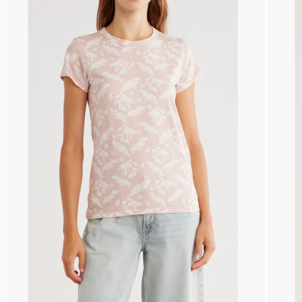 Rag & Bone Short Sleeve Cotton Summer Leaf Tee in Pink and Cream NWT XS